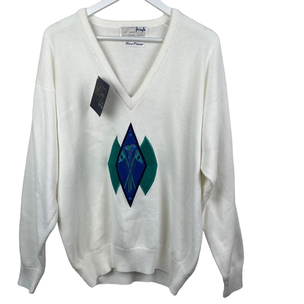 NWT Vintage Pringle Sports Womens L V Neck Golf Sweater Embroidered Ribbed Hem